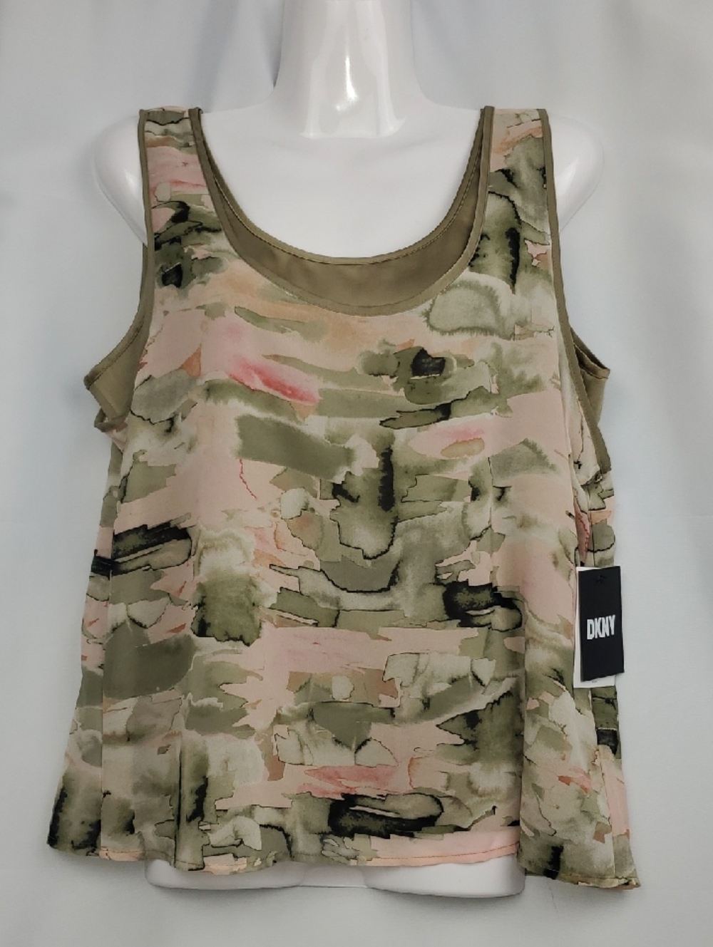 DKNY Olive and Blush Abstract Watercolor Tank